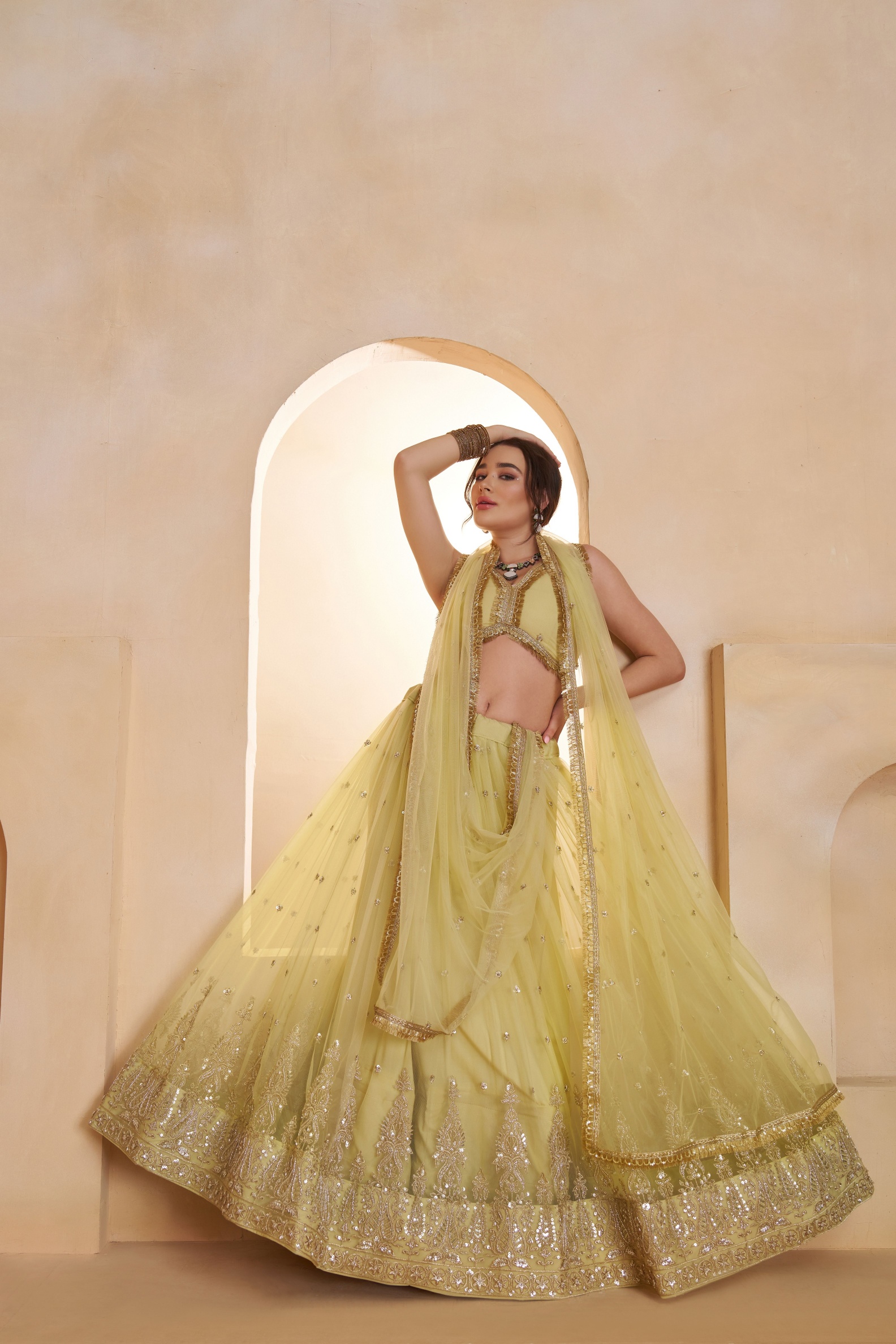 Lemon Yellow Butterfly Net Thread N Sequins Embroidered Lehenga Choli