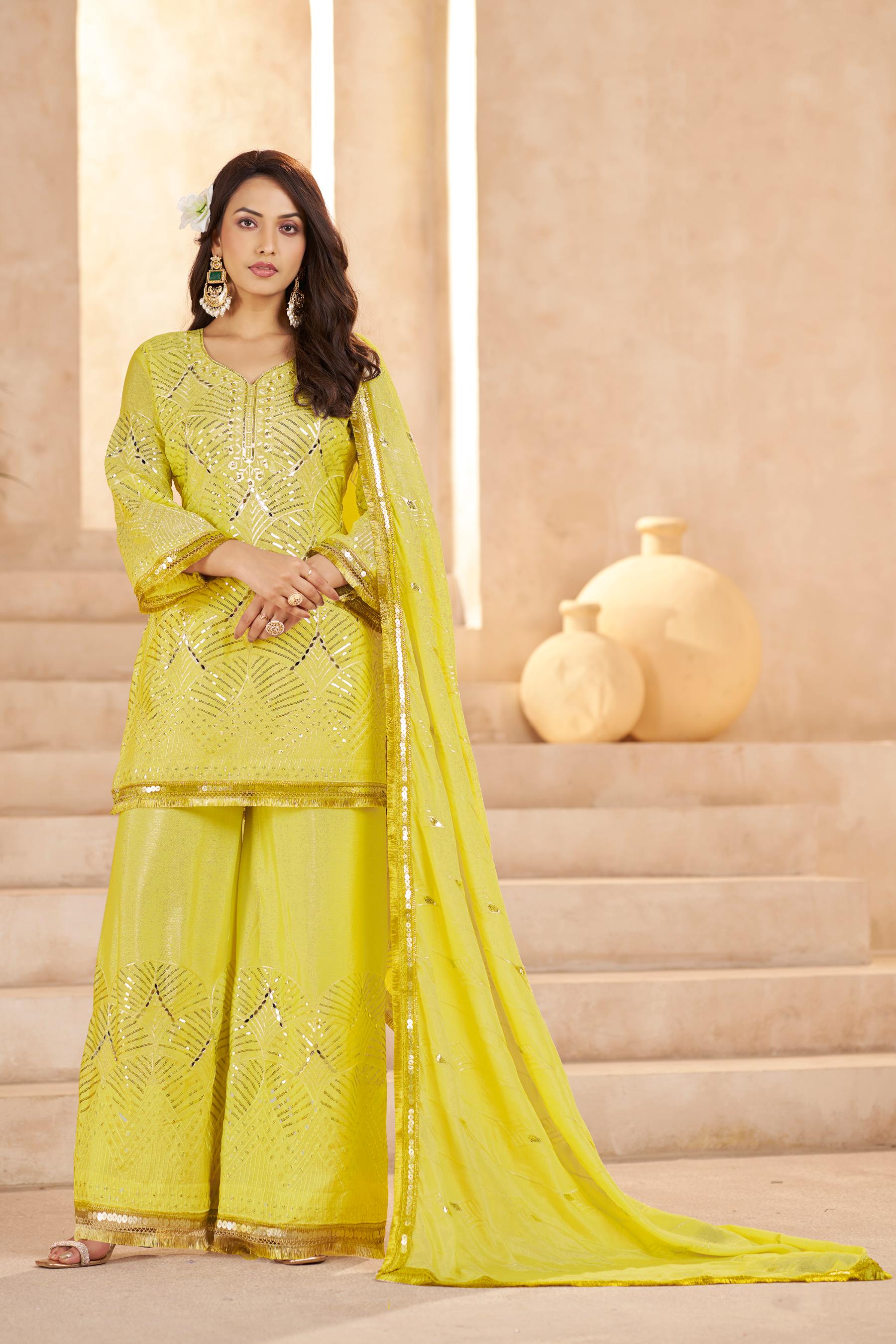 Lemon Yellow Chinon Thread N Sequins Embroidered Palazzo Suit