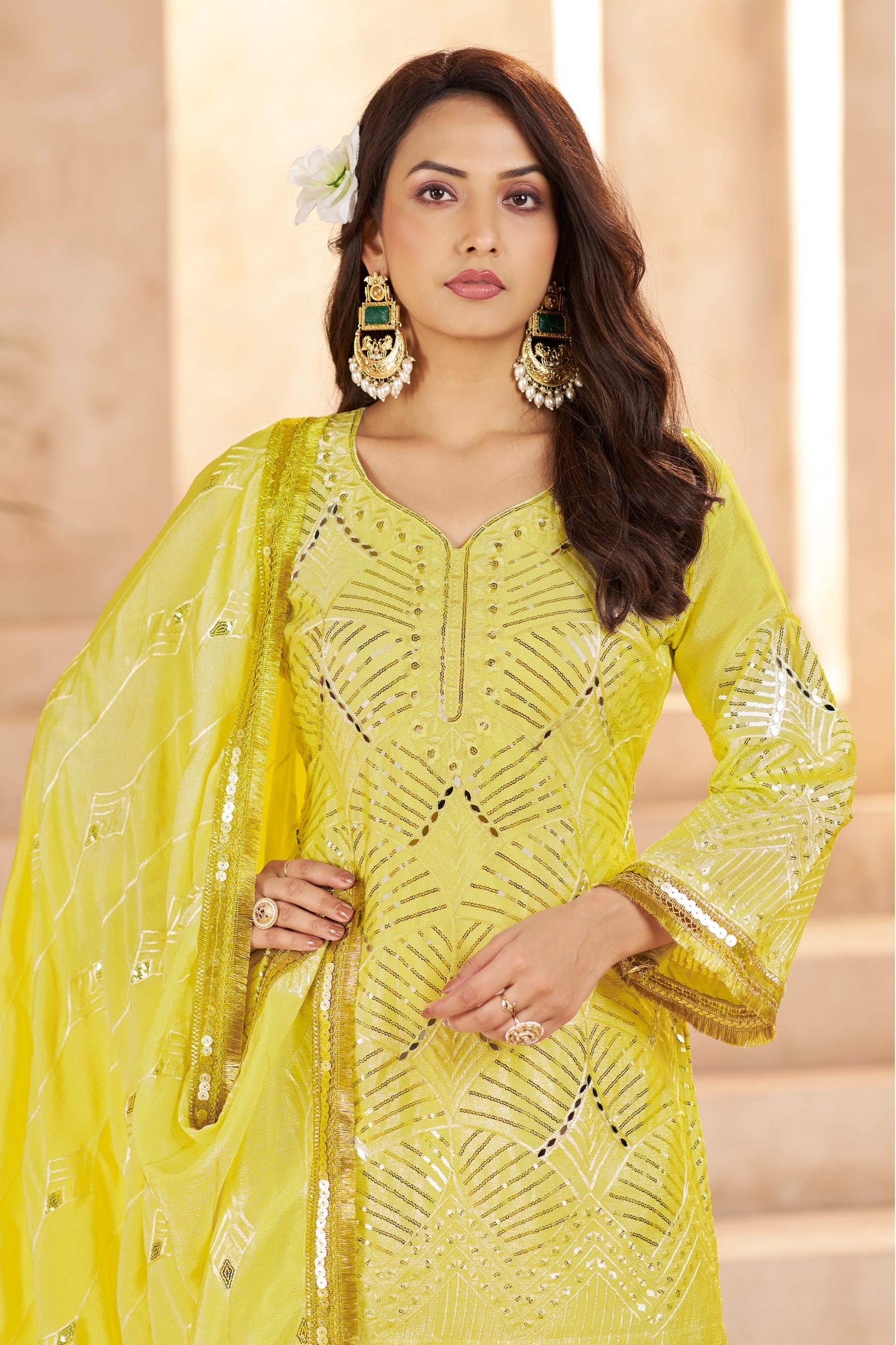 Lemon Yellow Chinon Thread N Sequins Embroidered Palazzo Suit — alternate view