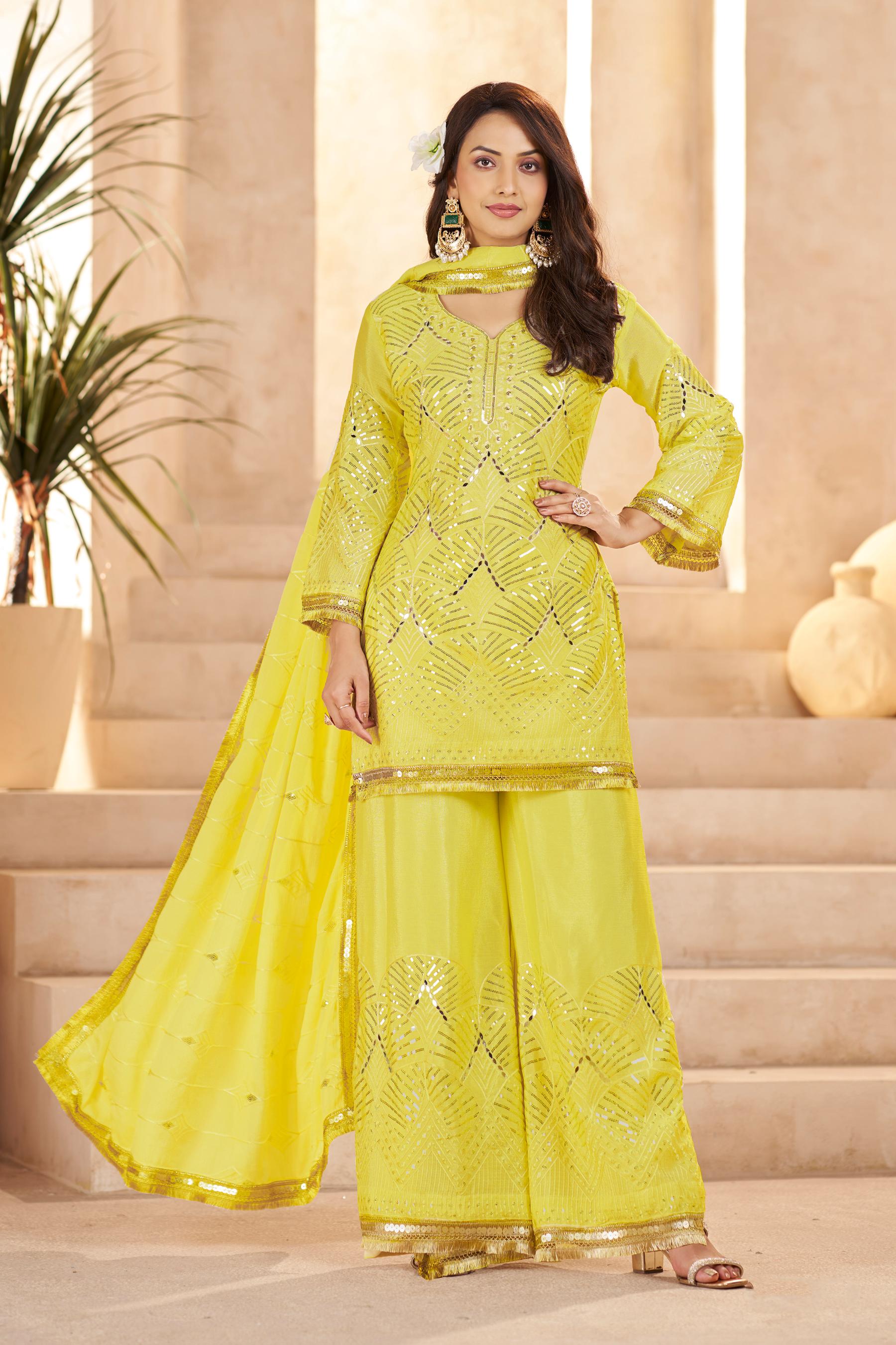 Lemon Yellow Chinon Thread N Sequins Embroidered Palazzo Suit