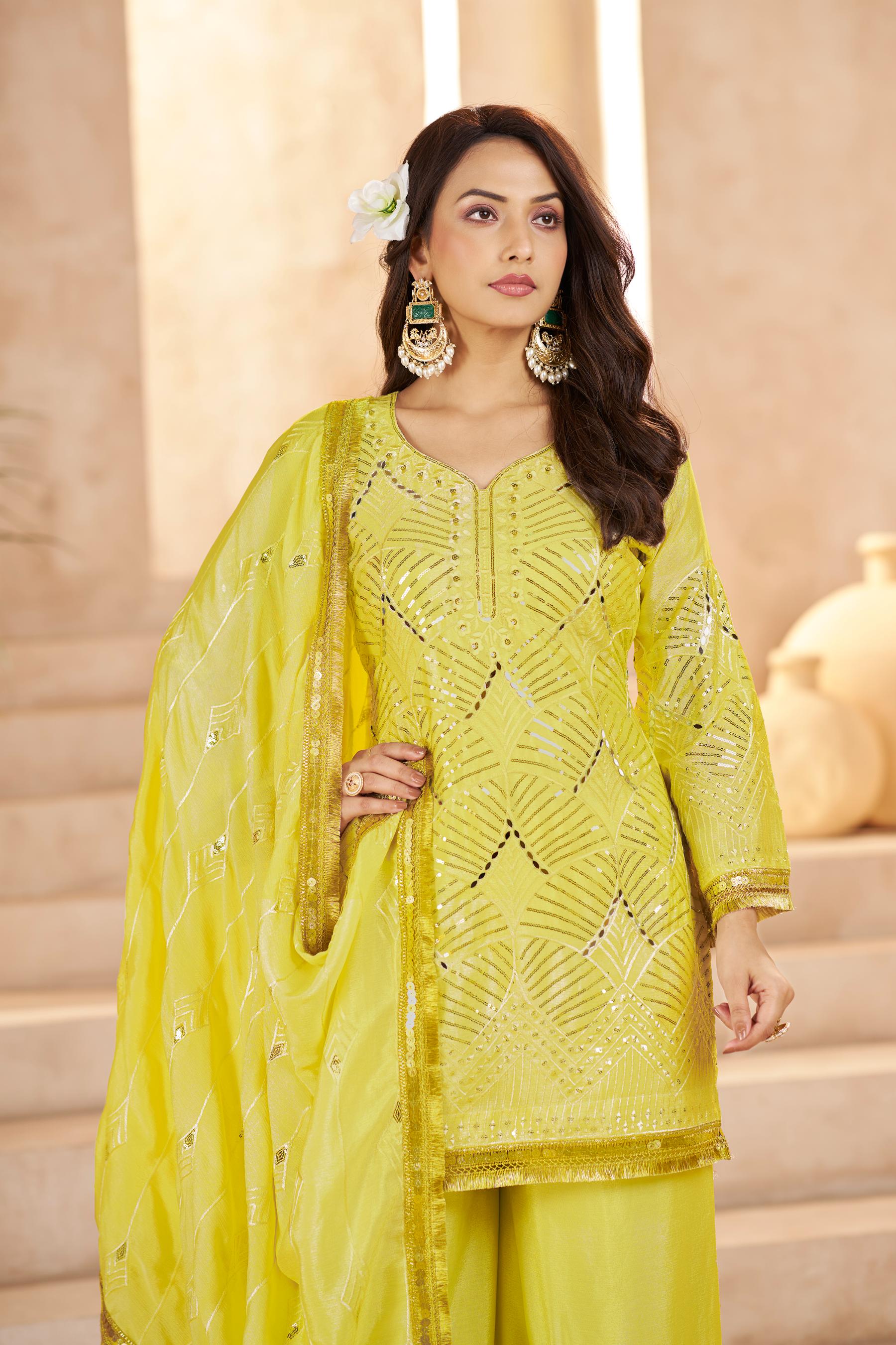 Lemon Yellow Chinon Thread N Sequins Embroidered Palazzo Suit