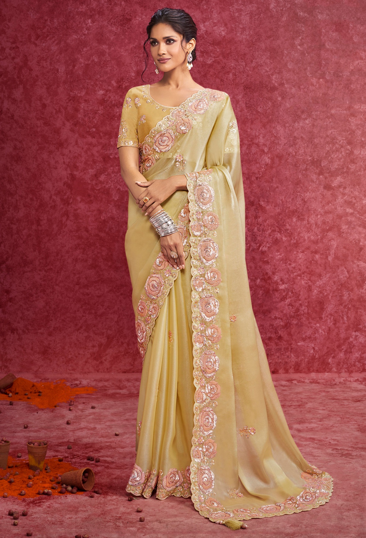 Lemon Yellow Floral Galaxy Saree