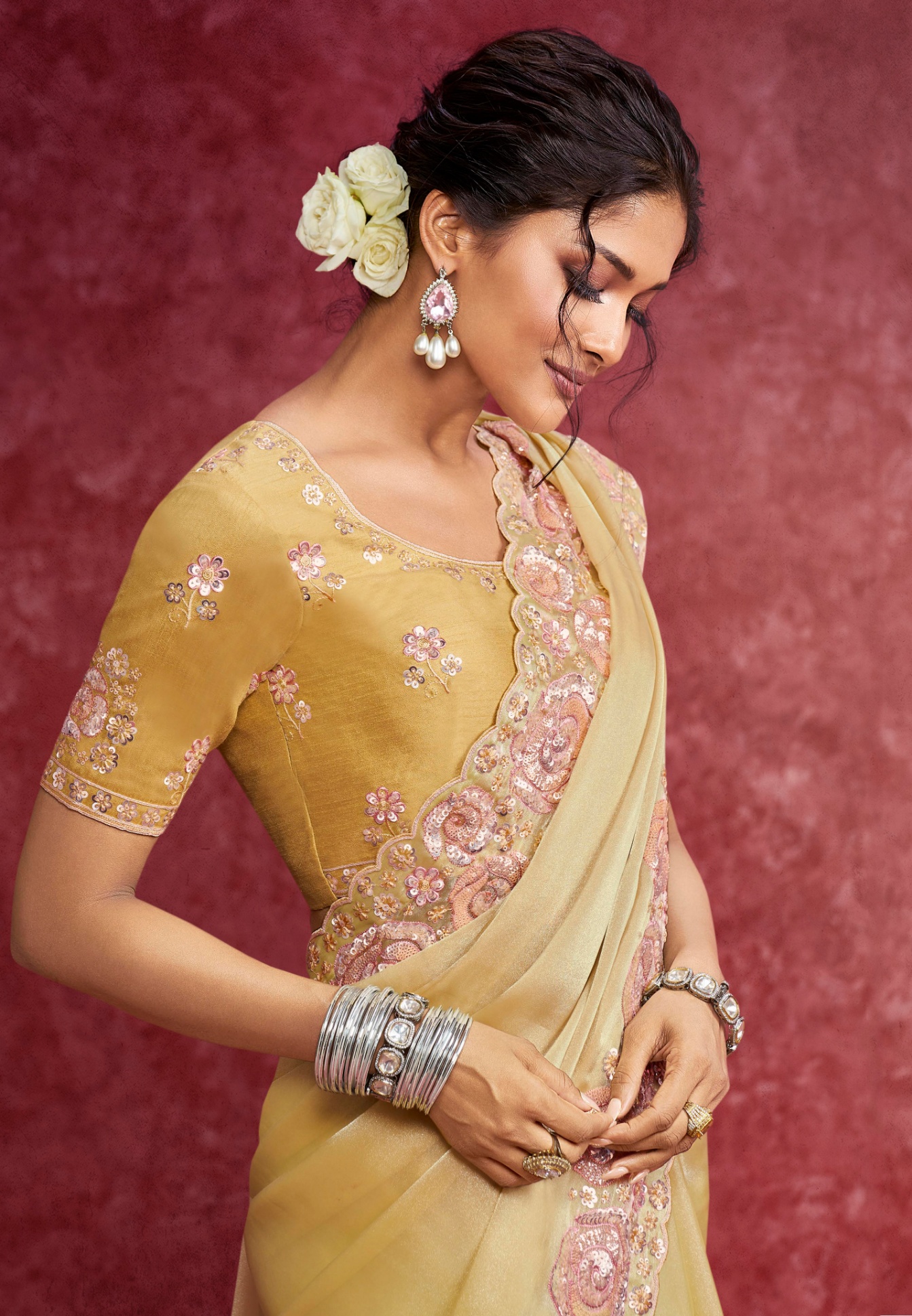 Lemon Yellow Floral Galaxy Saree