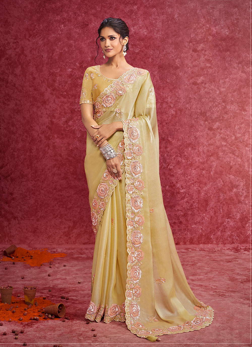 Lemon Yellow Galaxy Silk Festive Embroidered Saree