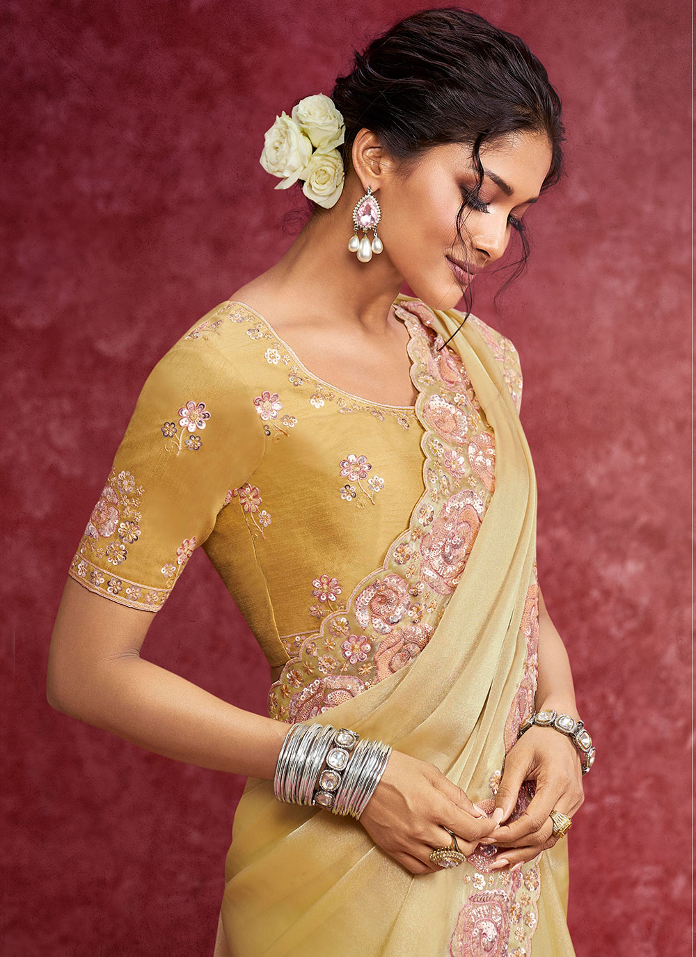 Lemon Yellow Galaxy Silk Festive Embroidered Saree