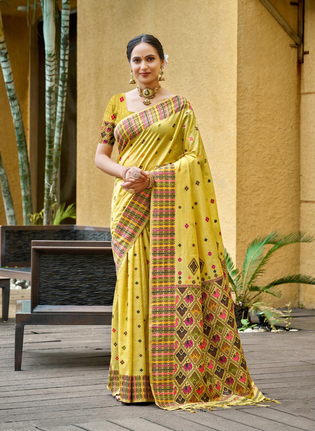 Lemon Yellow Woven Designer Assam Silk Saree