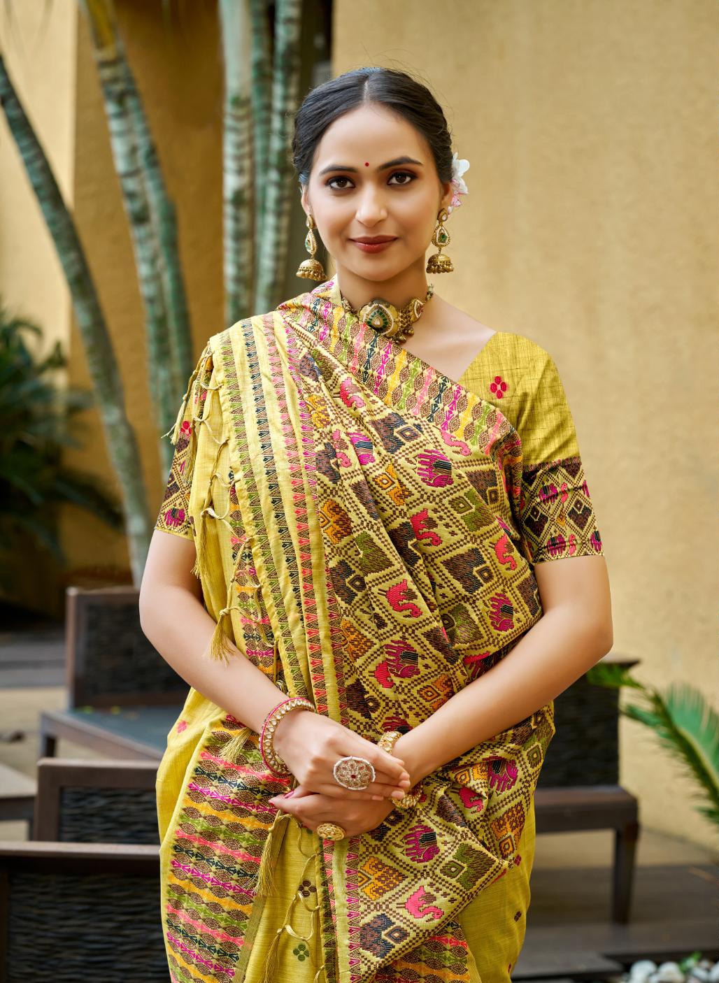Lemon Yellow Woven Designer Assam Silk Saree