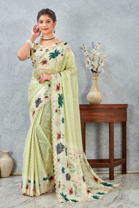 Lemon Zircon Satin Silk Saree