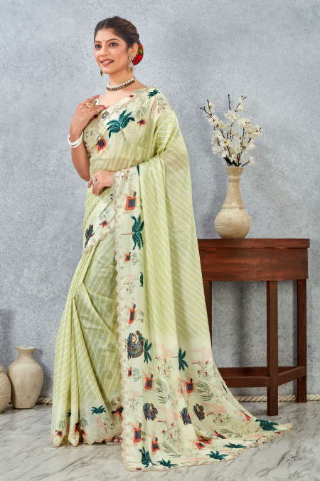 Lemon Zircon Satin Silk Saree
