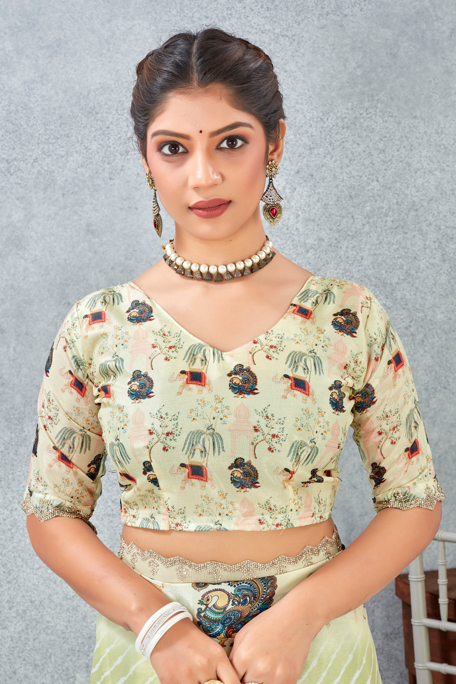 Lemon Zircon Satin Silk Saree
