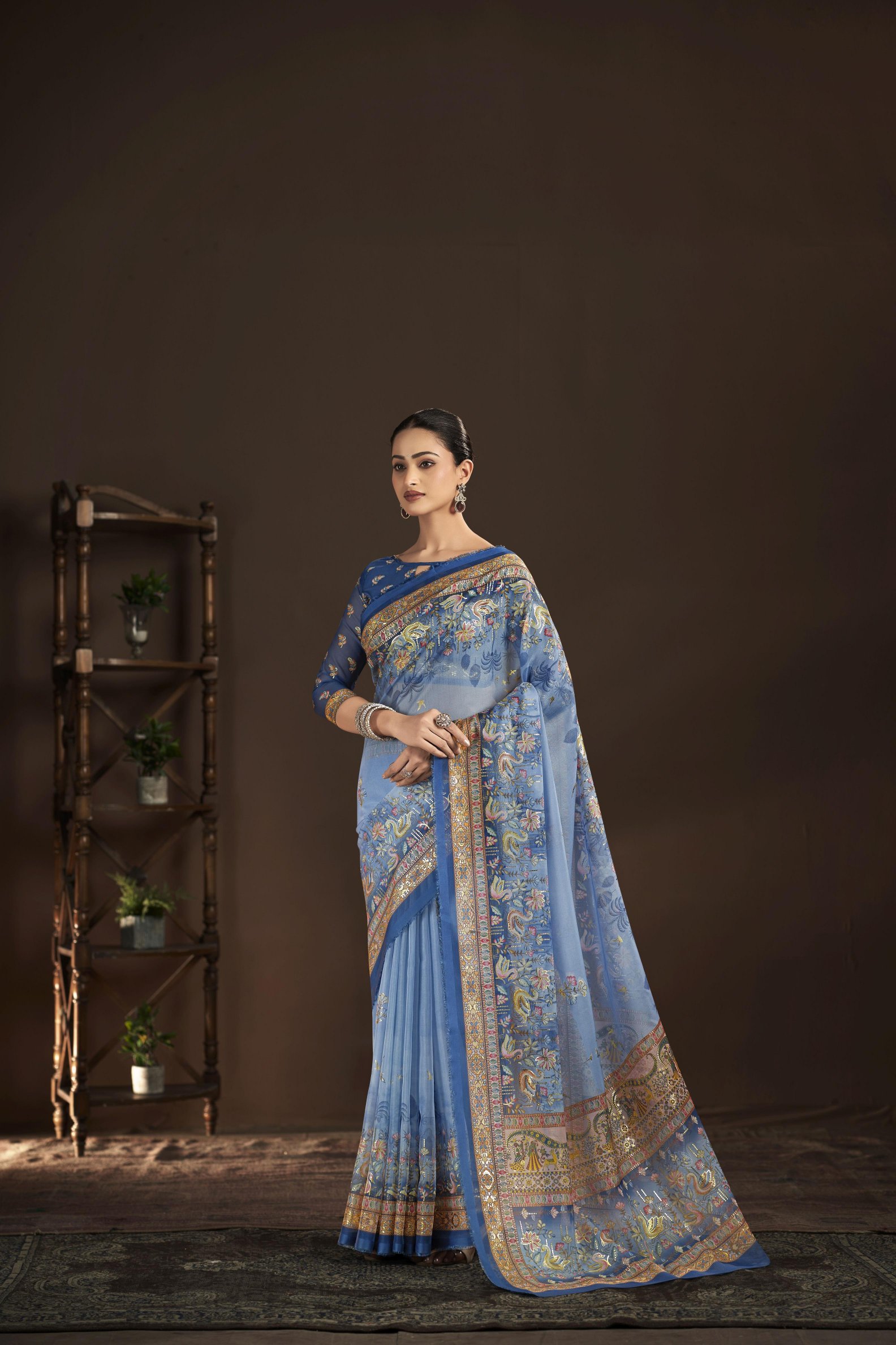 Light Blue Blue Crepe Silk Foil Printed Saree