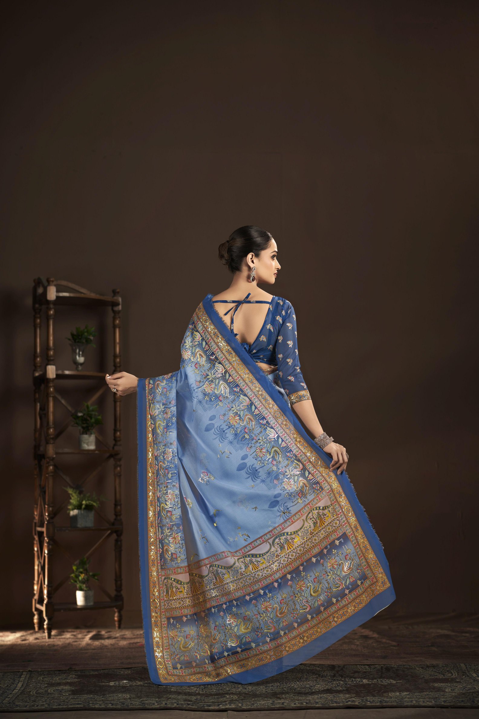 Light Blue Blue Crepe Silk Foil Printed Saree — alternate view