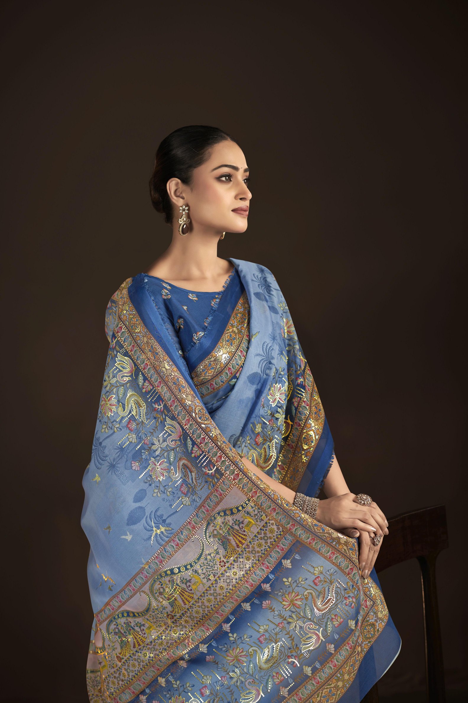 Light Blue Blue Crepe Silk Foil Printed Saree