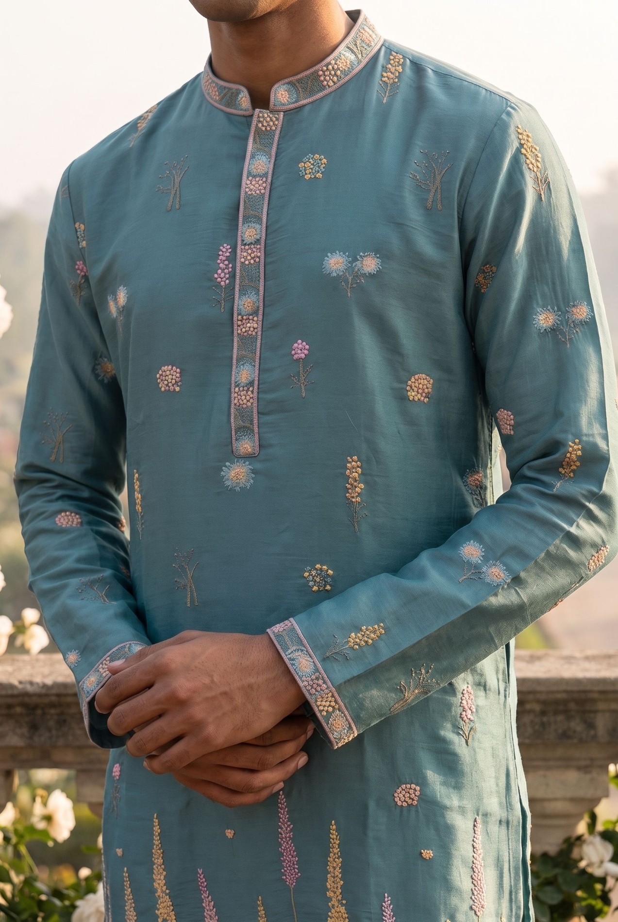 Light Blue Botanical Embroidered Silk Kurta Pyjama — alternate view