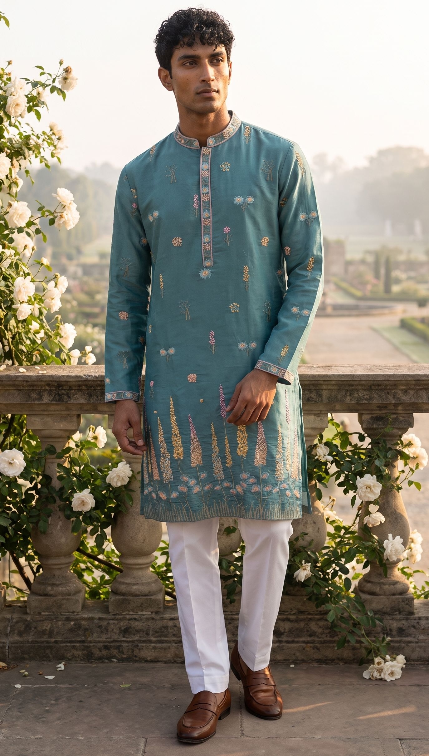 Light Blue Botanical Embroidered Silk Kurta Pyjama
