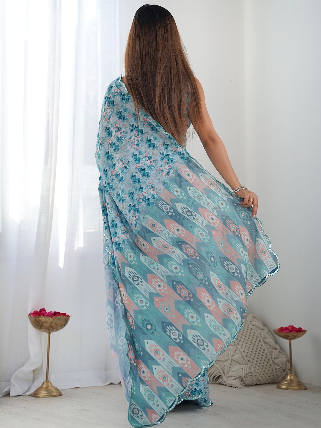 Light Blue Floral Digital Print Georgette Saree — alternate view