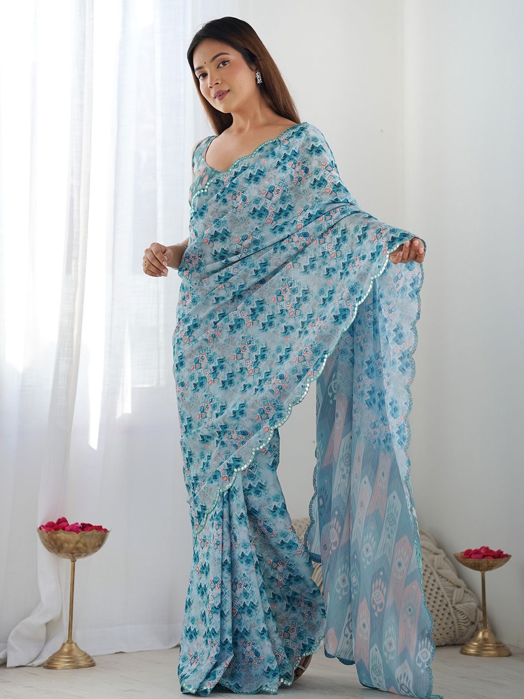 Light Blue Floral Digital Print Georgette Saree