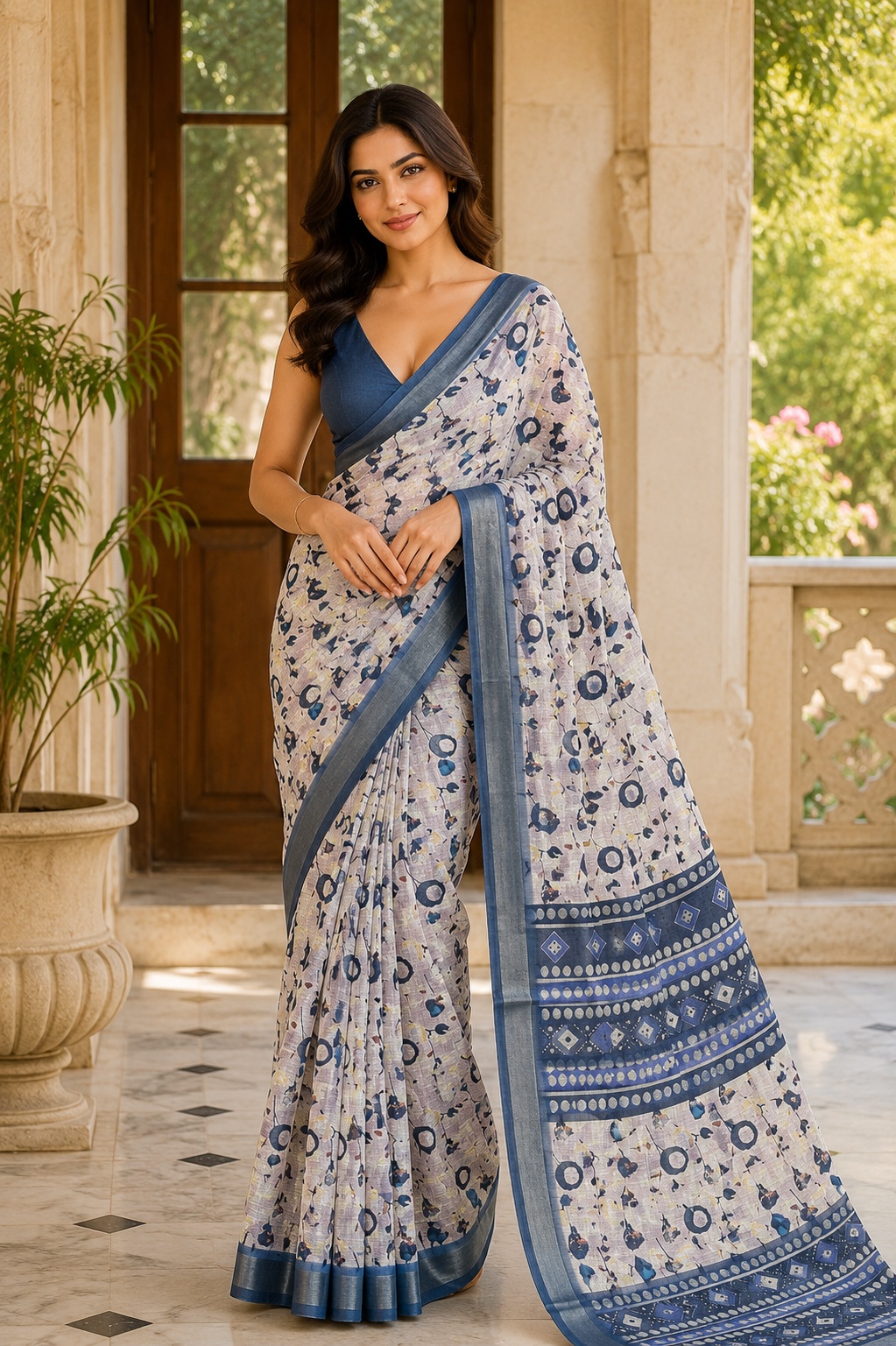 Light Blue Floral Printed Lichi Silk Saree