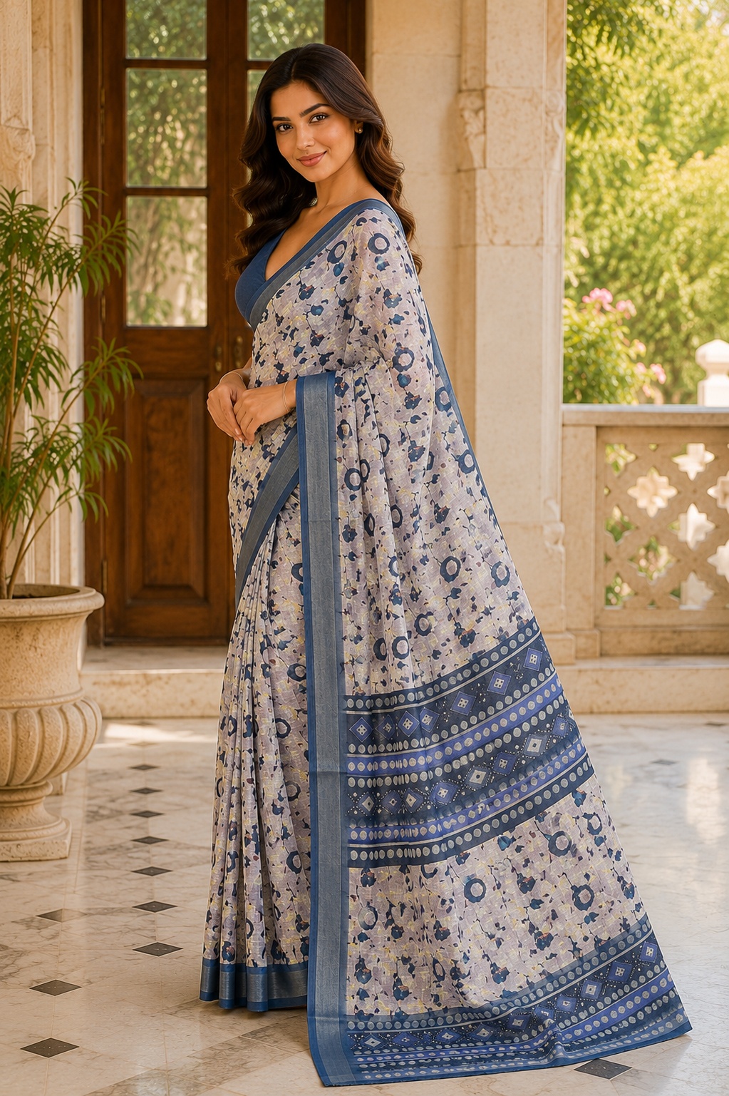 Light Blue Floral Printed Lichi Silk Saree