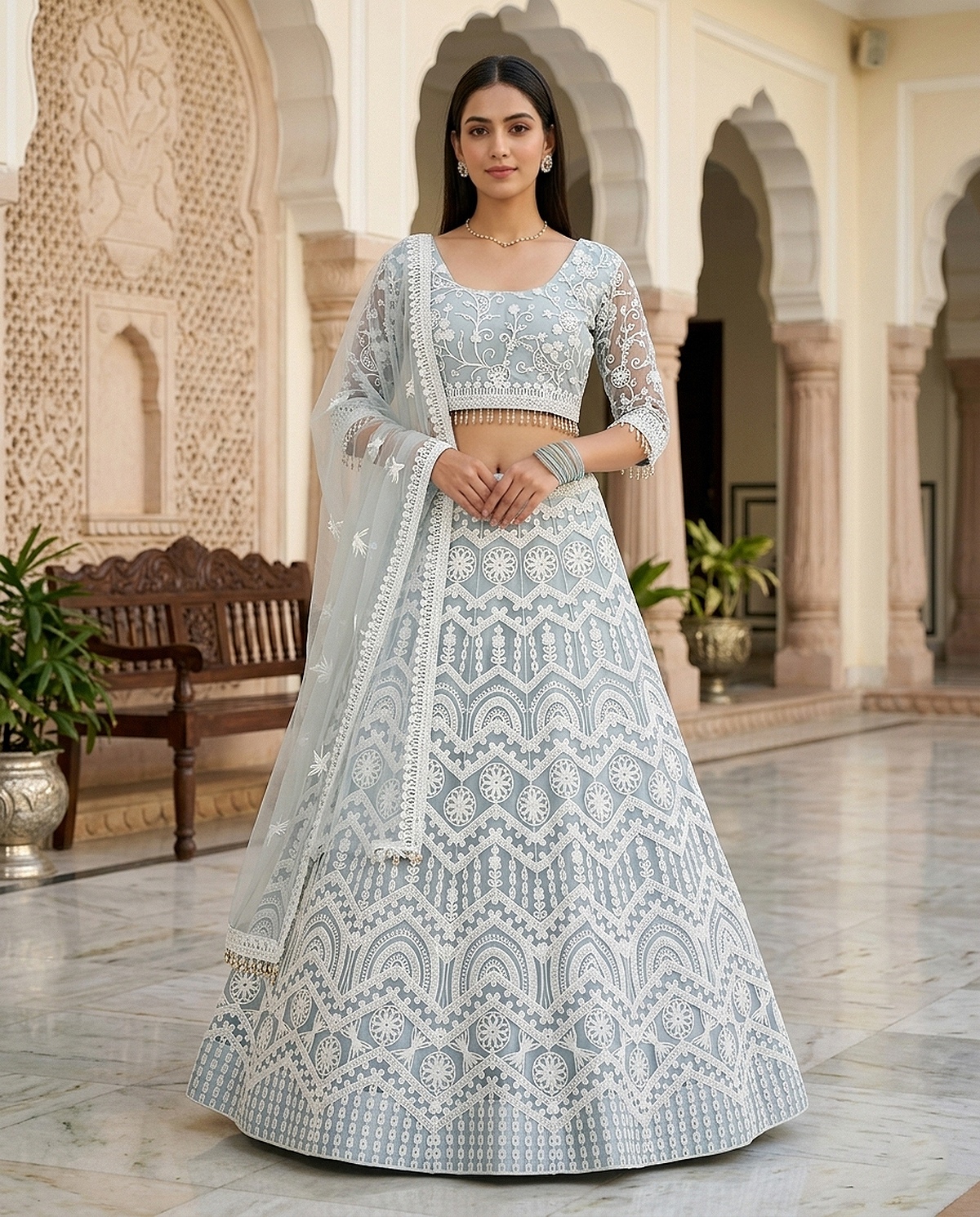 Light Blue Floral Threadwork Net Lehenga Choli