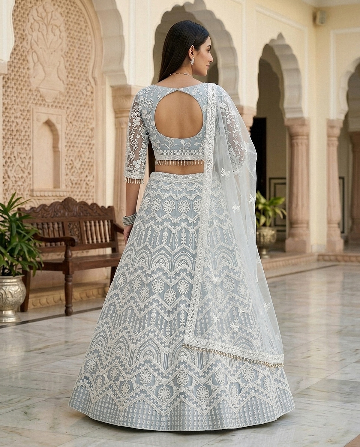 Light Blue Floral Threadwork Net Lehenga Choli — alternate view