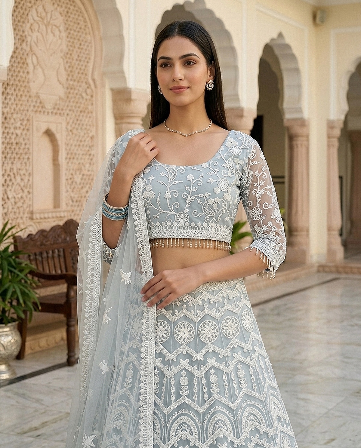 Light Blue Floral Threadwork Net Lehenga Choli
