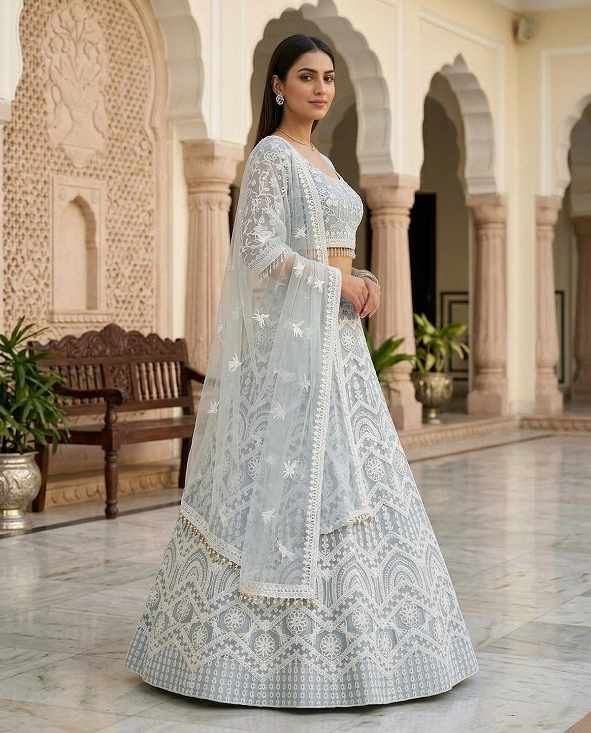 Light Blue Floral Threadwork Net Lehenga Choli