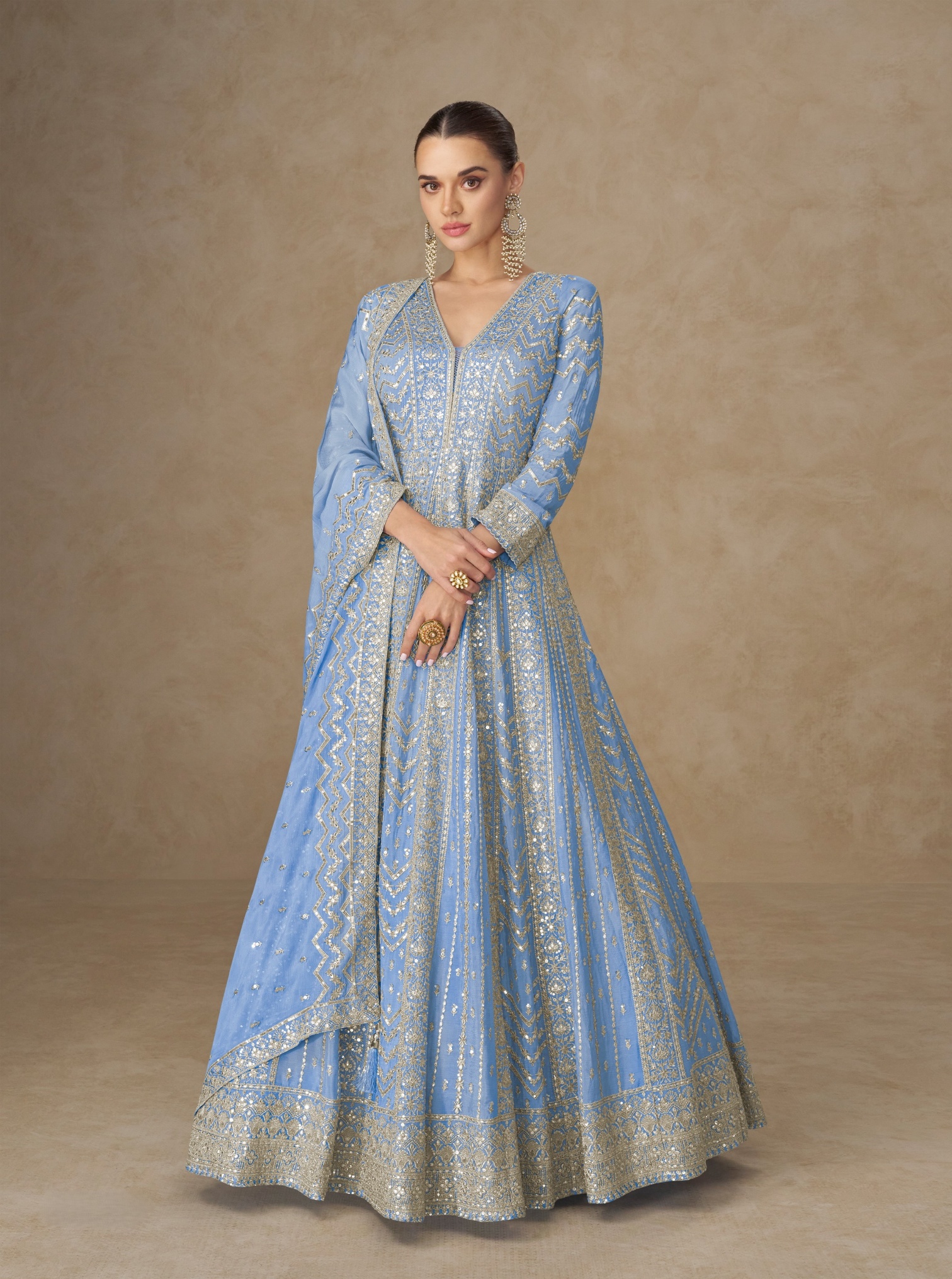 Light Blue Geometric Embroidered Chinon Anarkali Gown
