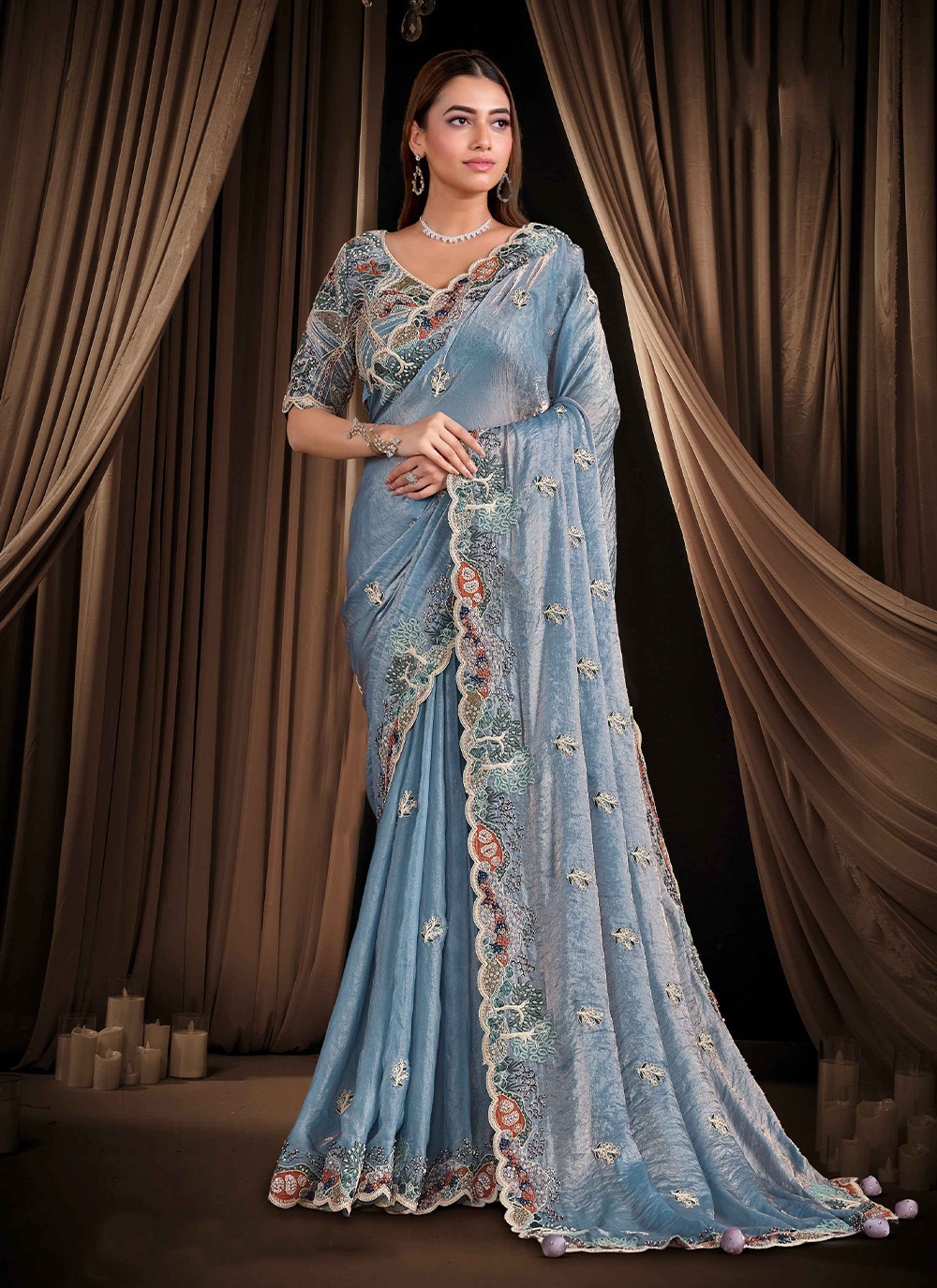 Light Blue Pearl Aura Two Tone Satin Saree