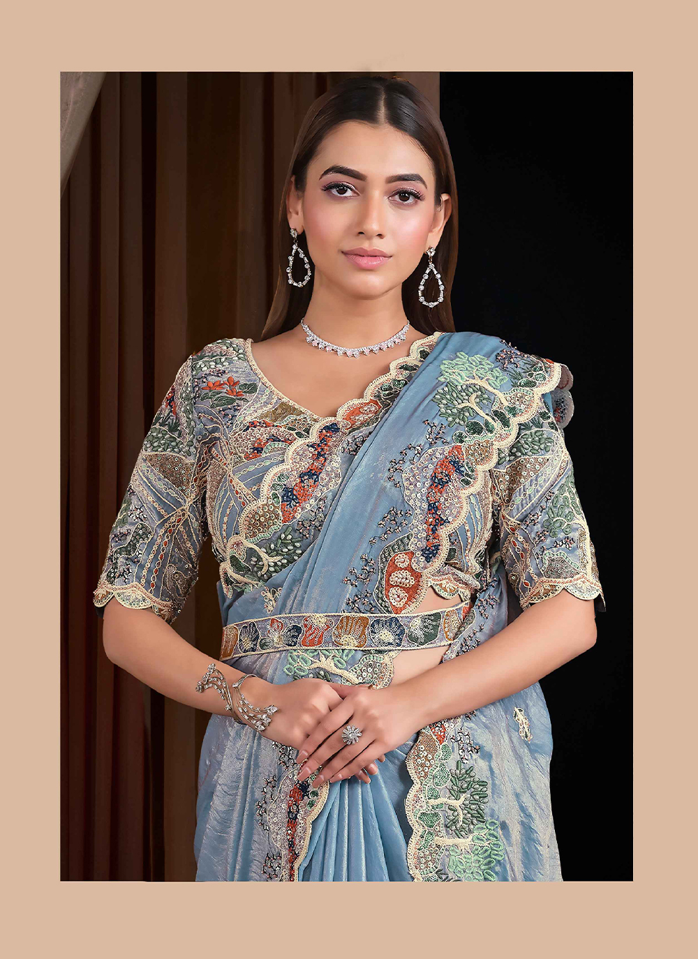 Light Blue Pearl Aura Two Tone Satin Saree — alternate view