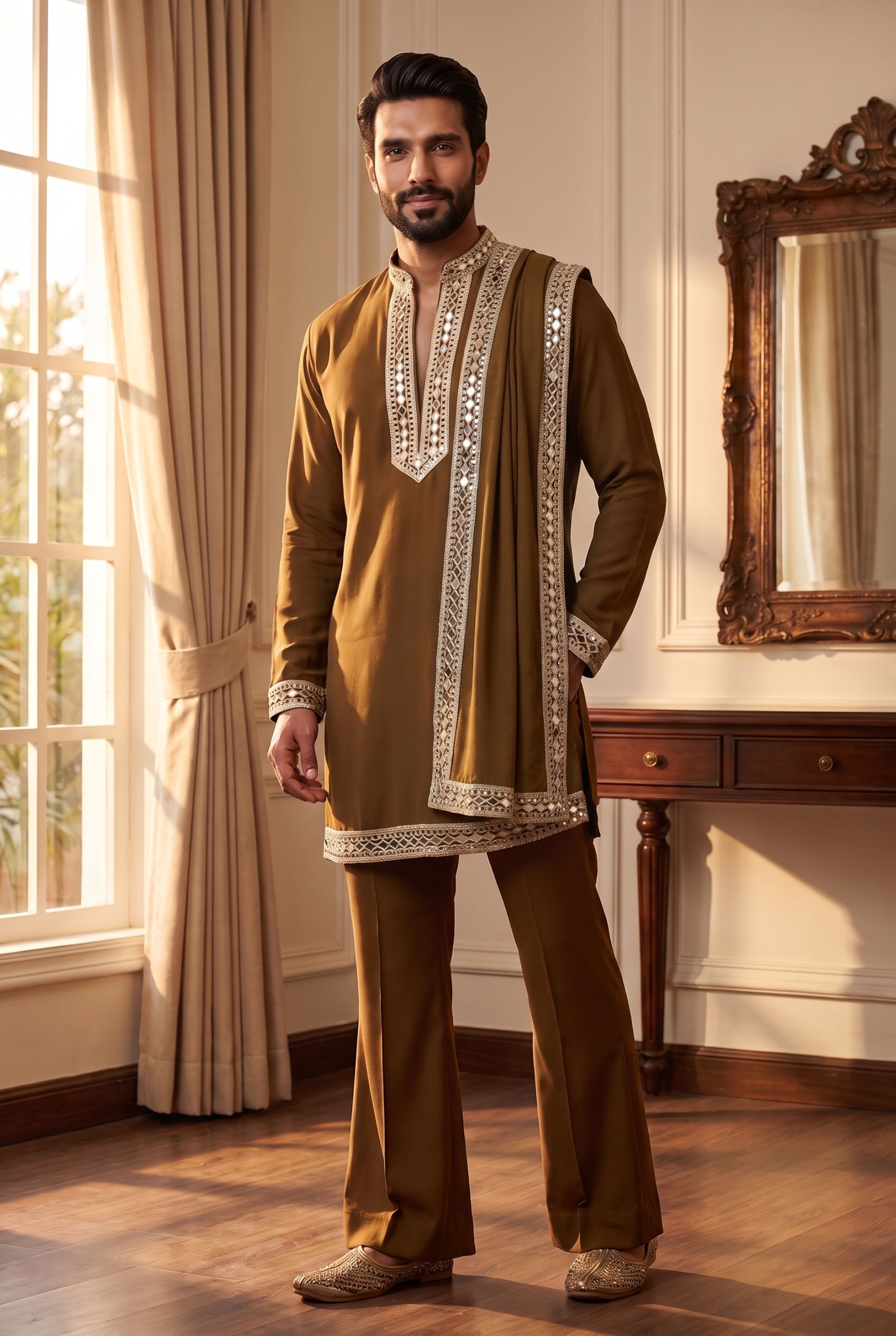 Light Brown Geometric Mirrorwork Lachaka Kurta Pyjama