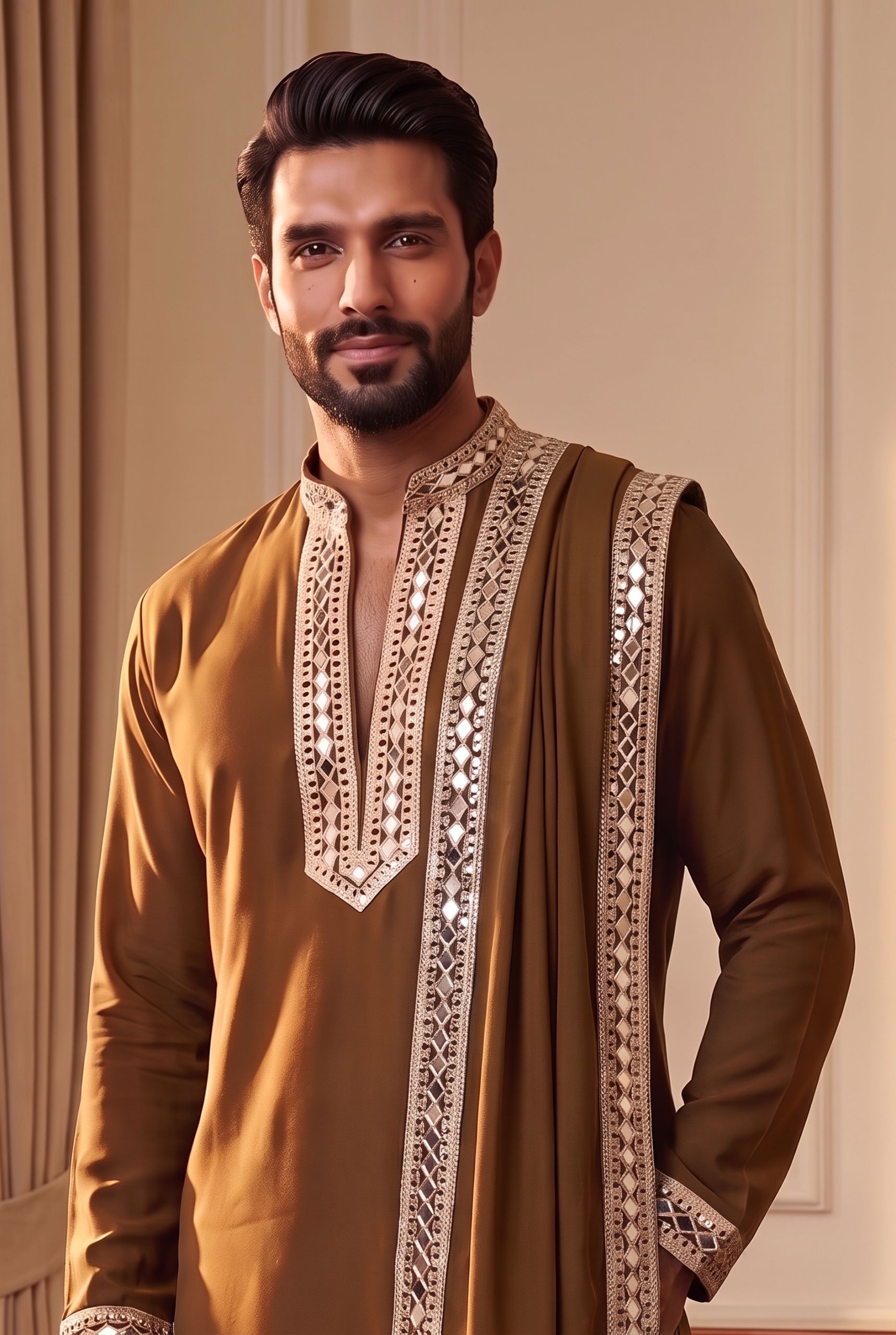 Light Brown Geometric Mirrorwork Lachaka Kurta Pyjama — alternate view