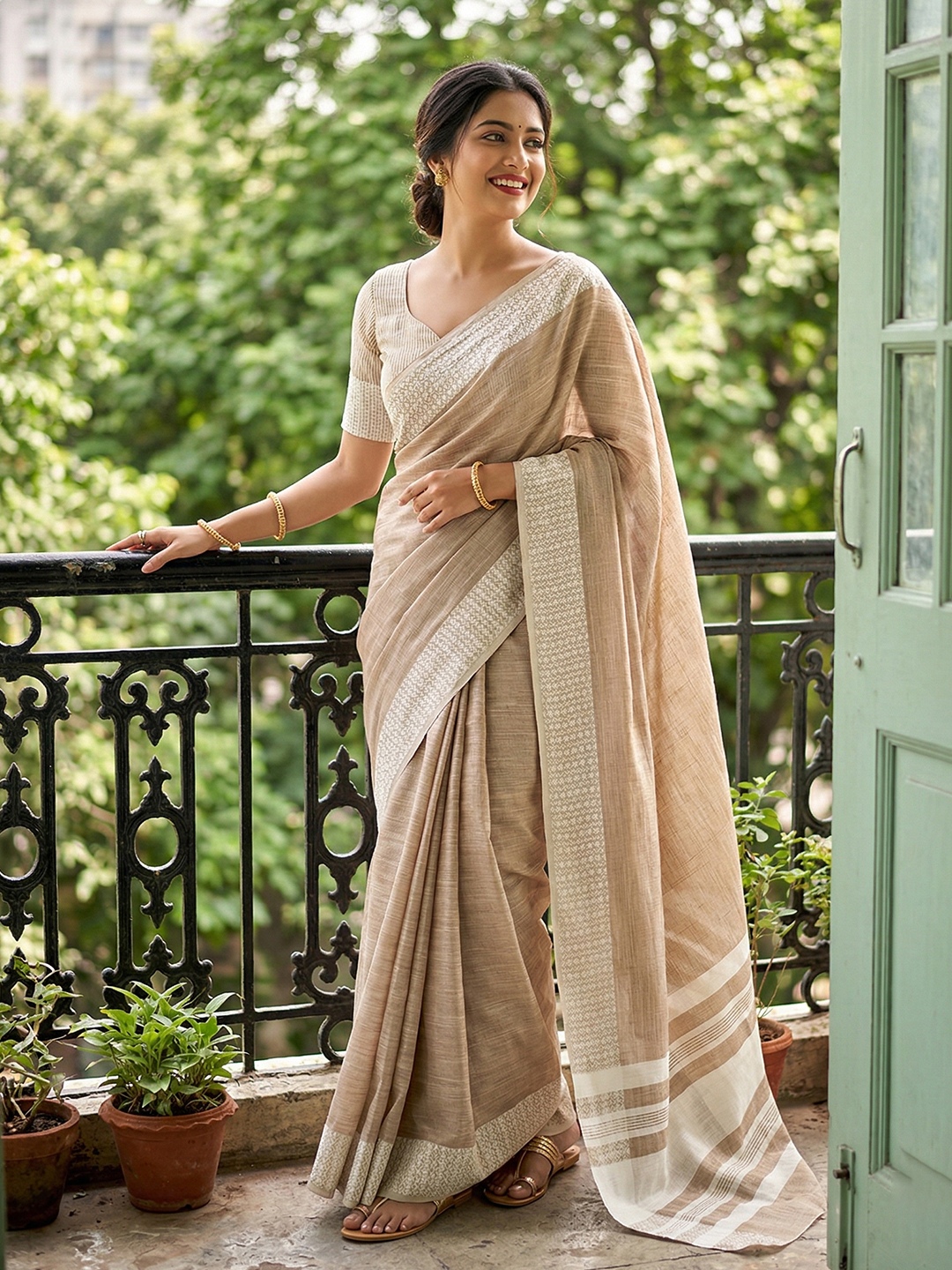 Light Brown Woven Linen Saree