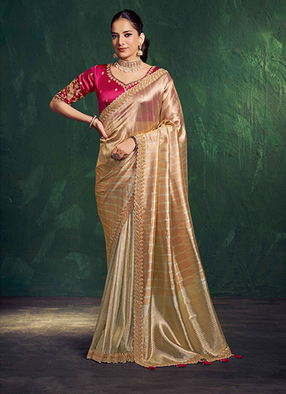 Light Golden Rani Kanjivaram Zari Tissue Embroidered Saree