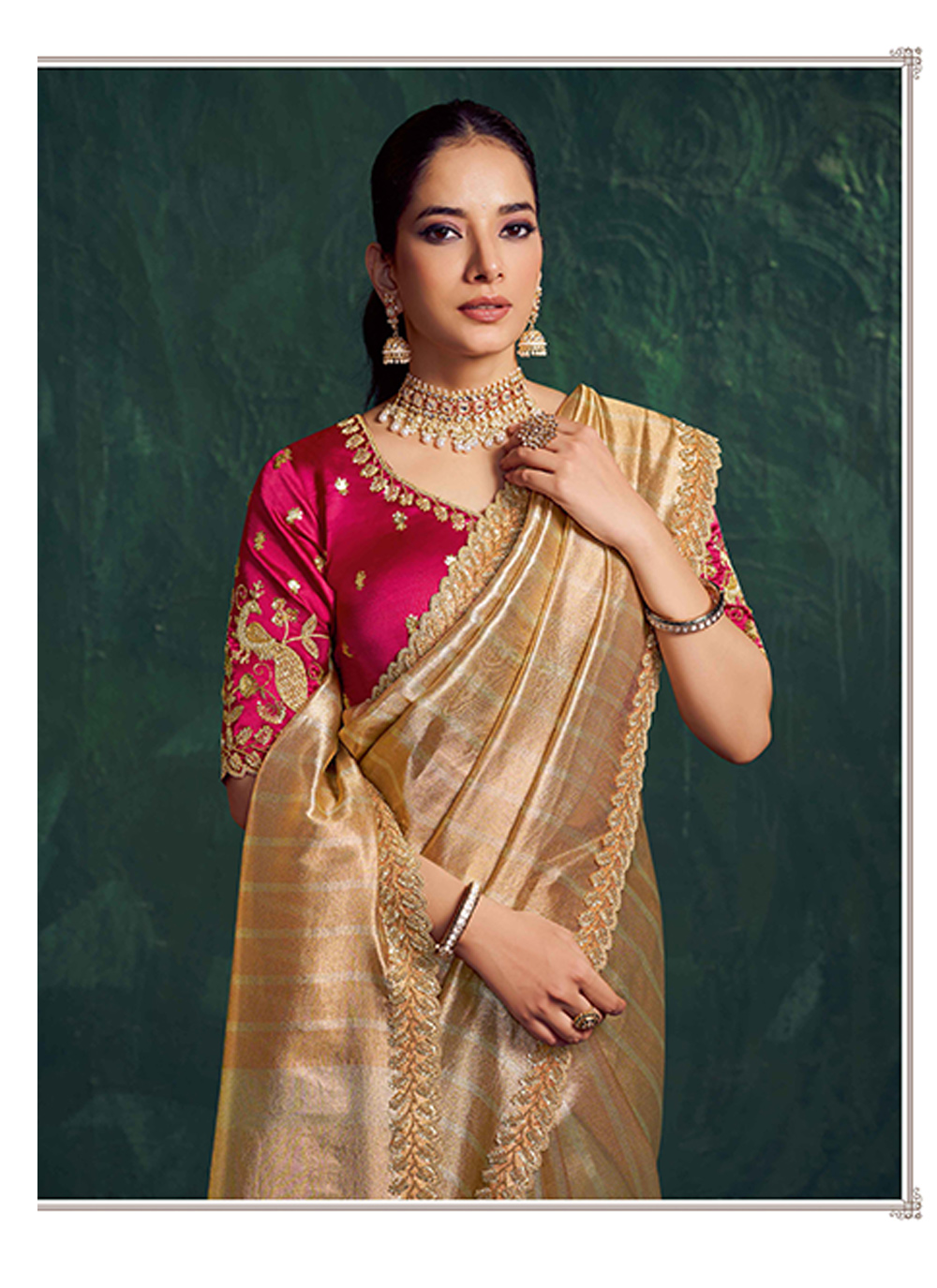 Light Golden Rani Kanjivaram Zari Tissue Embroidered Saree — alternate view