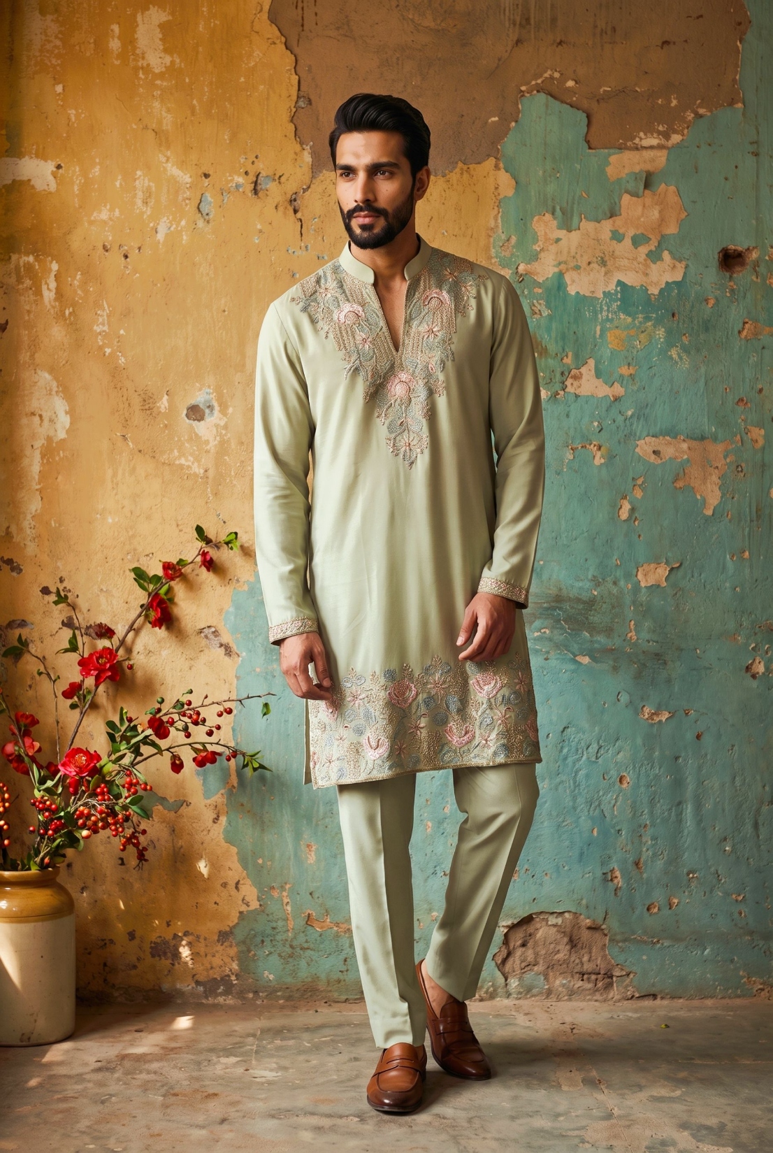 Light Green Floral Embroidered Georgette Kurta Pyjama