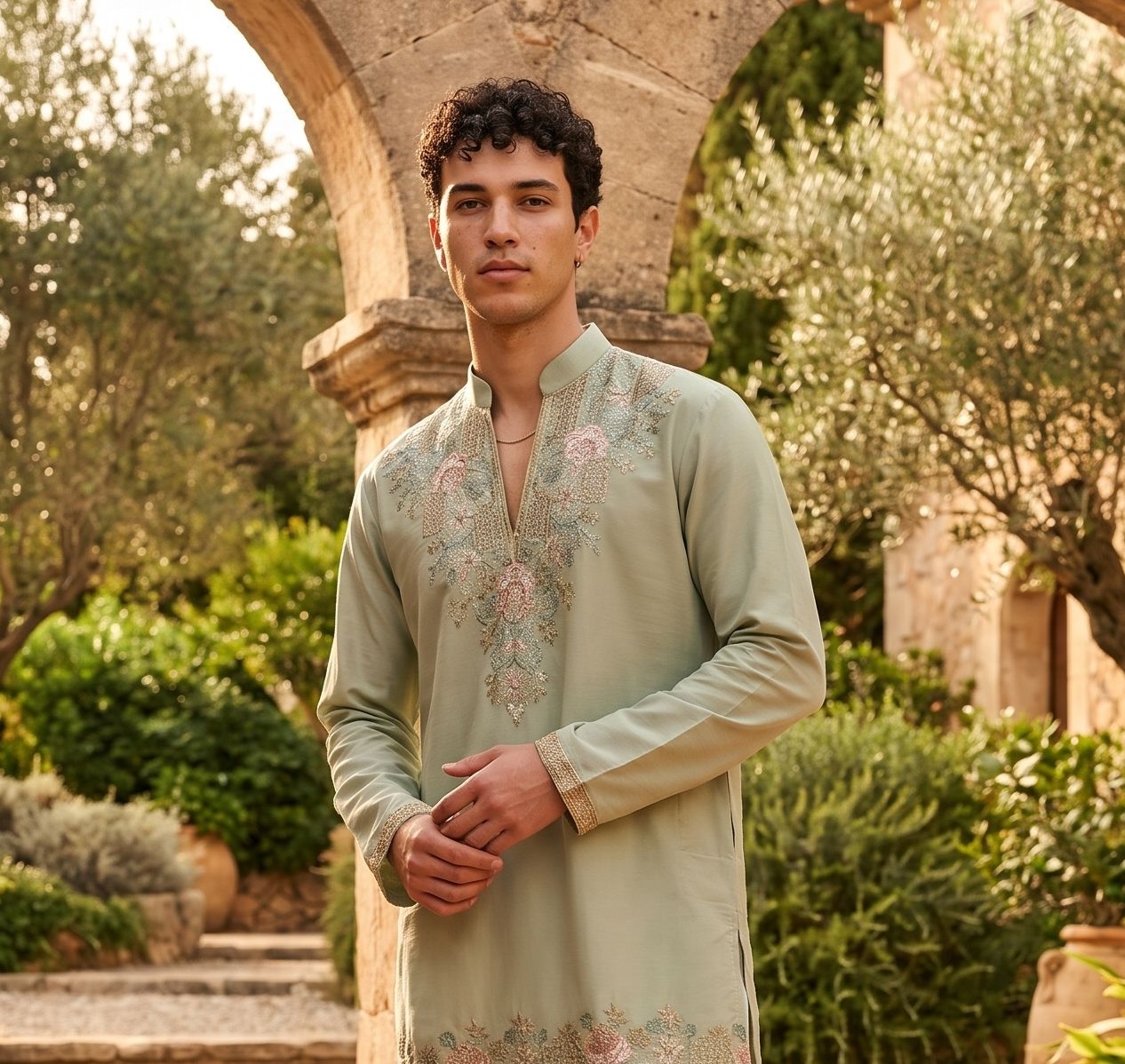 Light Green Floral Embroidered Georgette Kurta Pyjama — alternate view