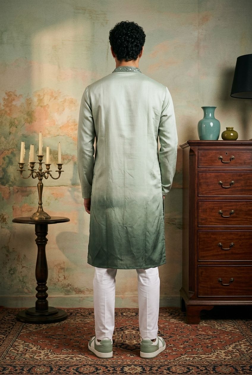 Light Green Geometric Embroidery Silk Kurta Pyjama — alternate view