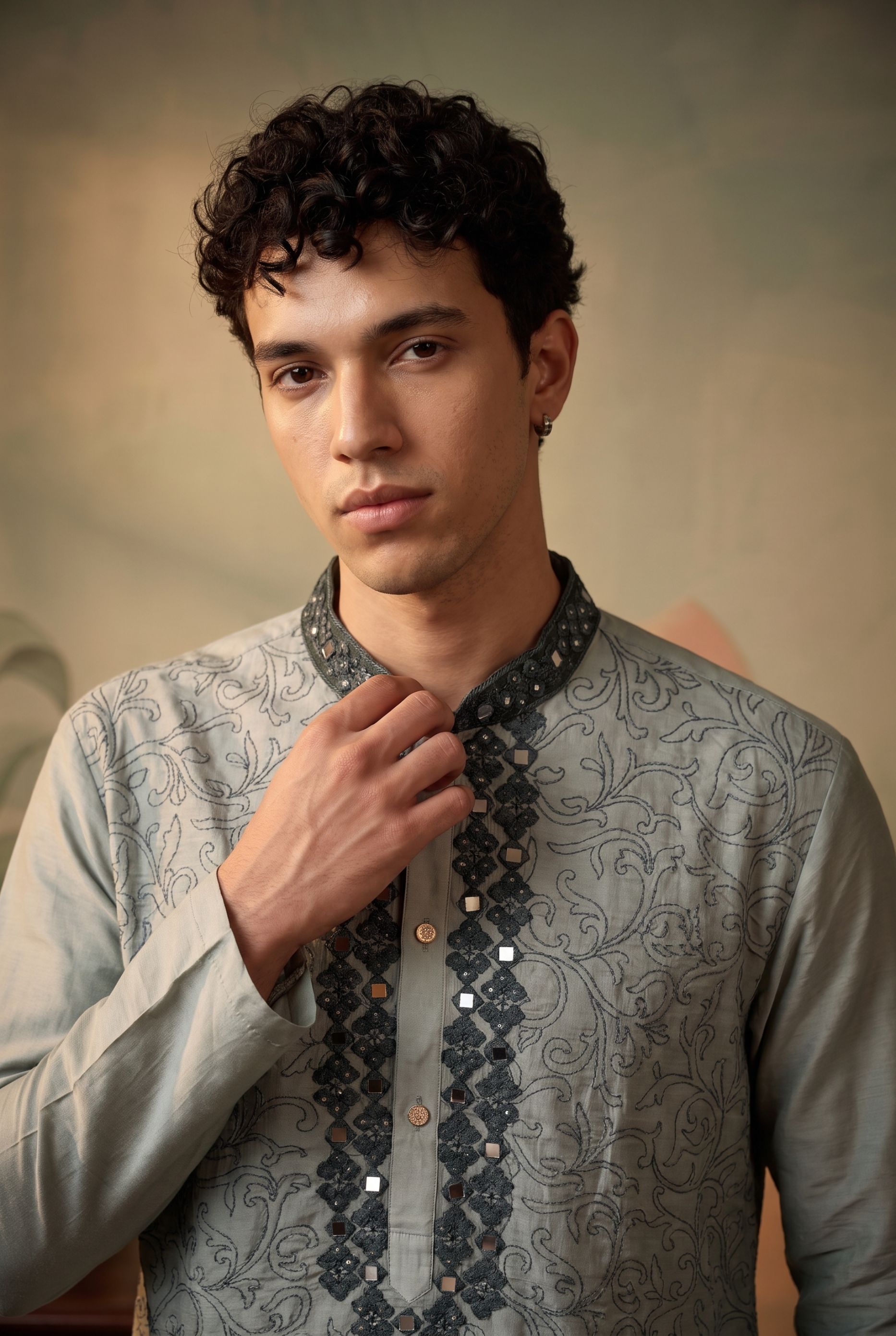 Light Green Geometric Embroidery Silk Kurta Pyjama