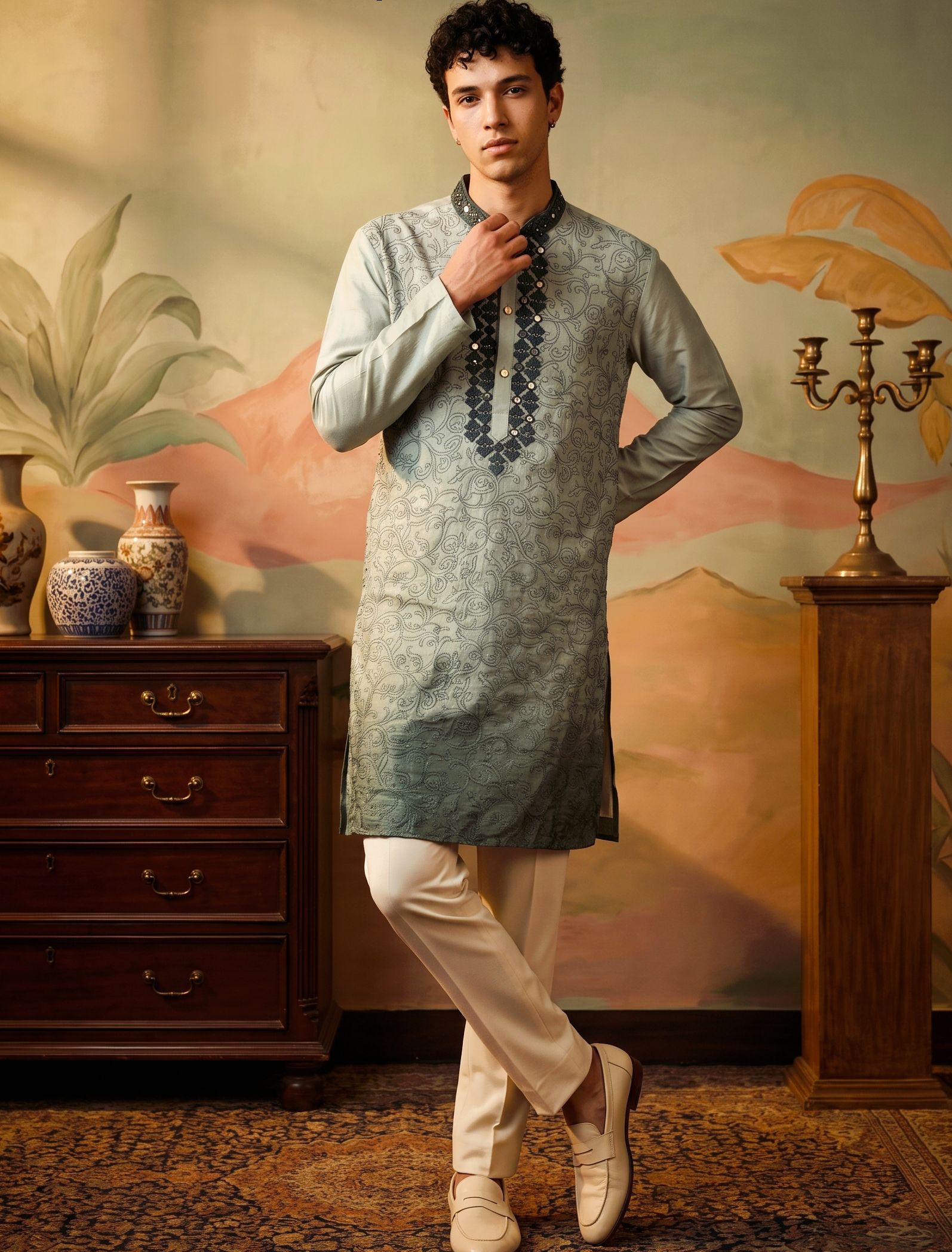 Light Green Geometric Embroidery Silk Kurta Pyjama