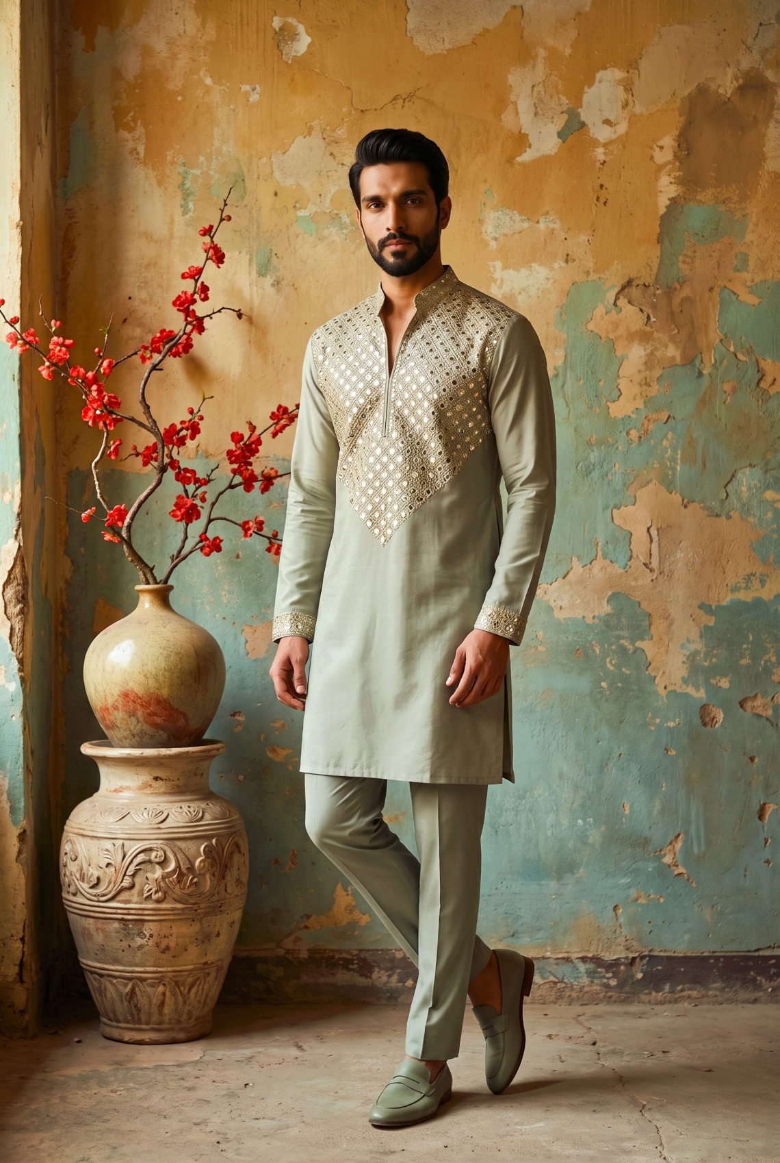 Light Green Geometric Mirror Work Lachaka Kurta Pyjama