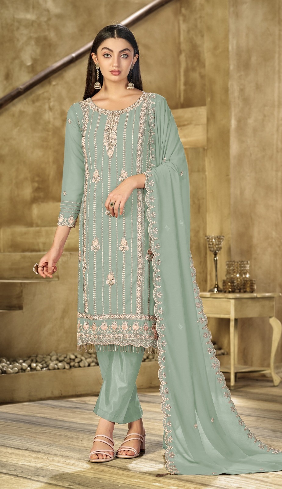 Light Green Stripe Designer Embroidery Georgette Straight Suit