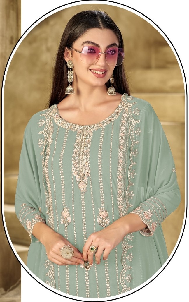 Light Green Stripe Designer Embroidery Georgette Straight Suit — alternate view