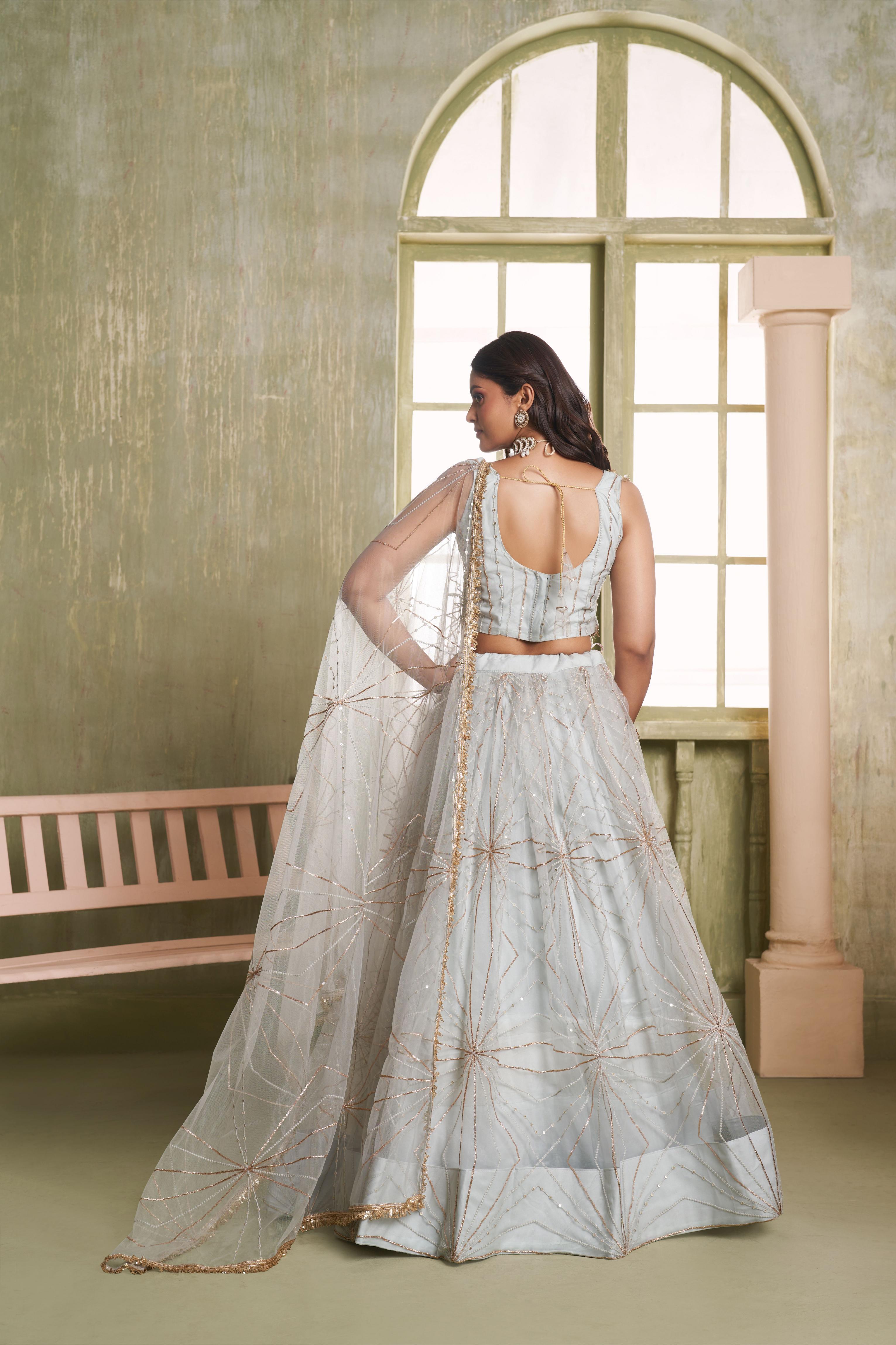 Light Grey Butterfly Net Umbrella Lehenga — alternate view