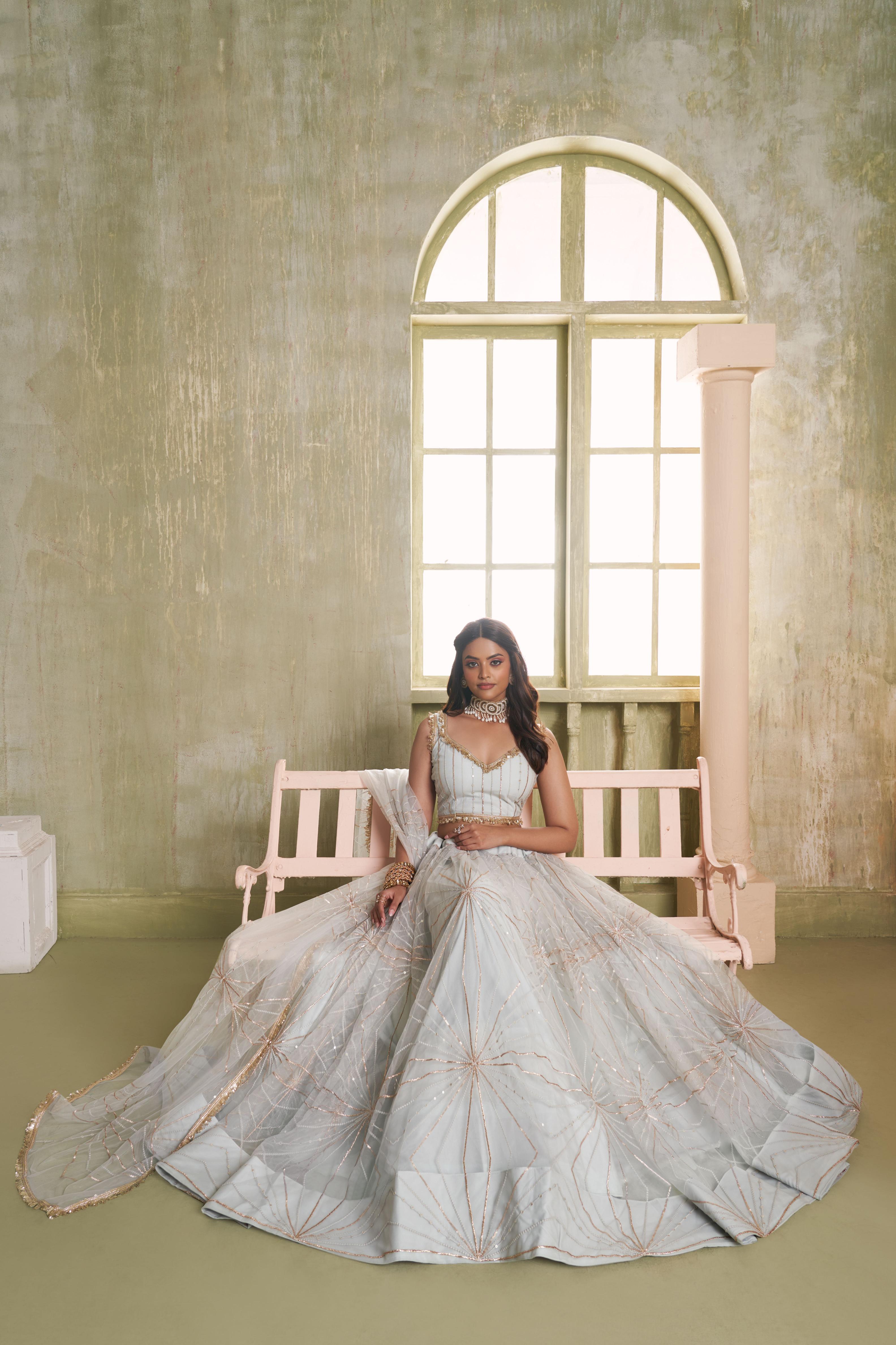 Light Grey Butterfly Net Umbrella Lehenga
