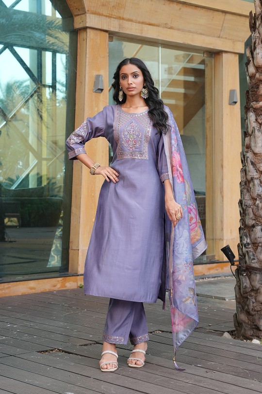 Light Grey Cotton Silk Embroidered Readymade Suit