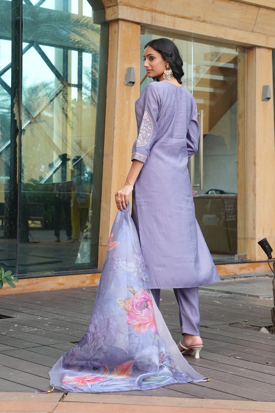 Light Grey Cotton Silk Embroidered Readymade Suit — alternate view