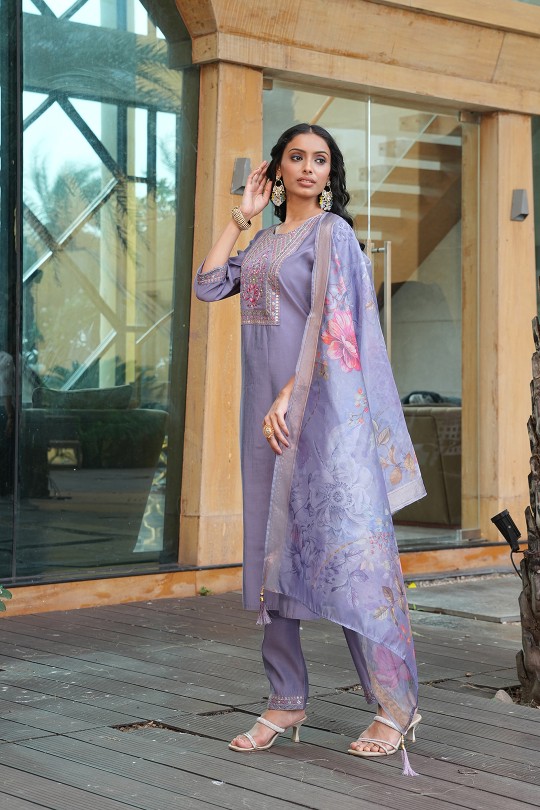 Light Grey Cotton Silk Embroidered Readymade Suit