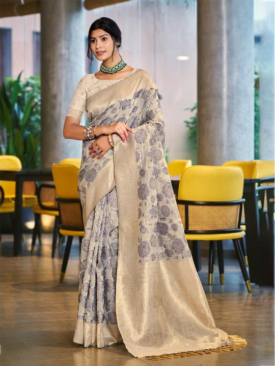 Light Grey Floral Woven Cotton Silk Saree