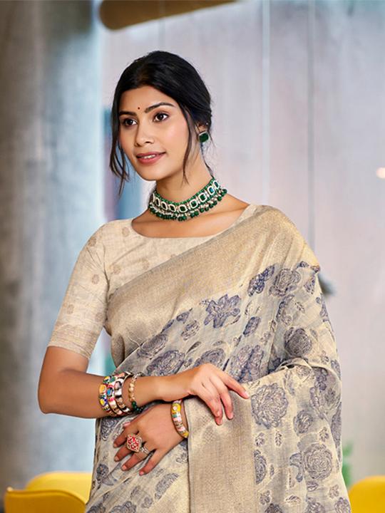 Light Grey Floral Woven Cotton Silk Saree — alternate view
